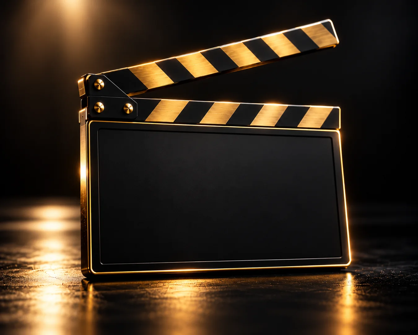 Photorealistic black and gold open film clapperboard with a rotating photography screen